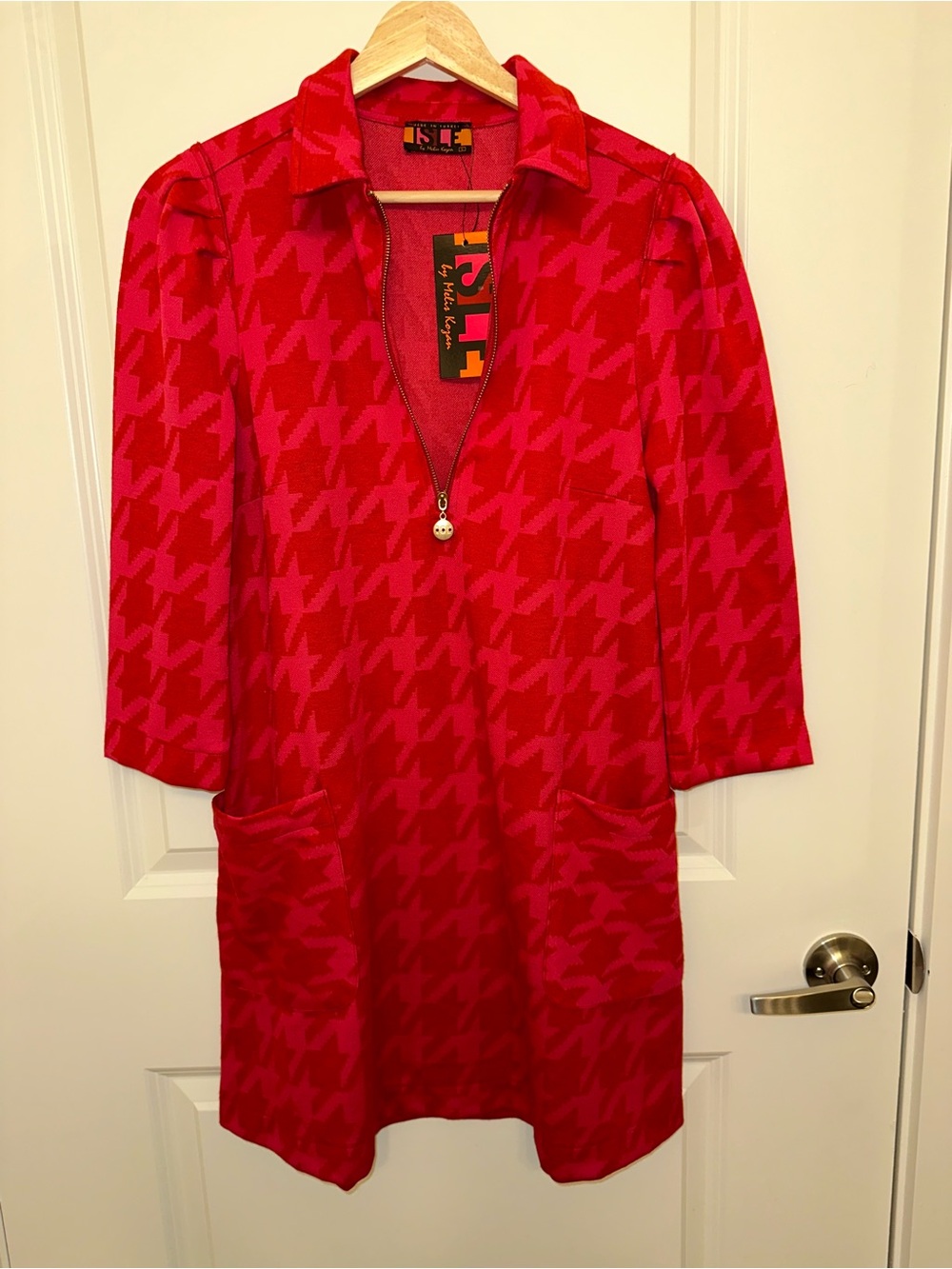 ISLE Red Houndstooth and Zip-Front Midi Dress